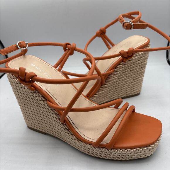 Marc Fisher Zesty Espadrille Wedge Sandal Open Toe Orange Size 7.5 buckle strap - Picture 1 of 9